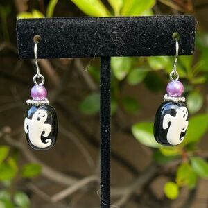 New Hand Painted Ghost Charm Black and Purple Dangle Halloween Earrings